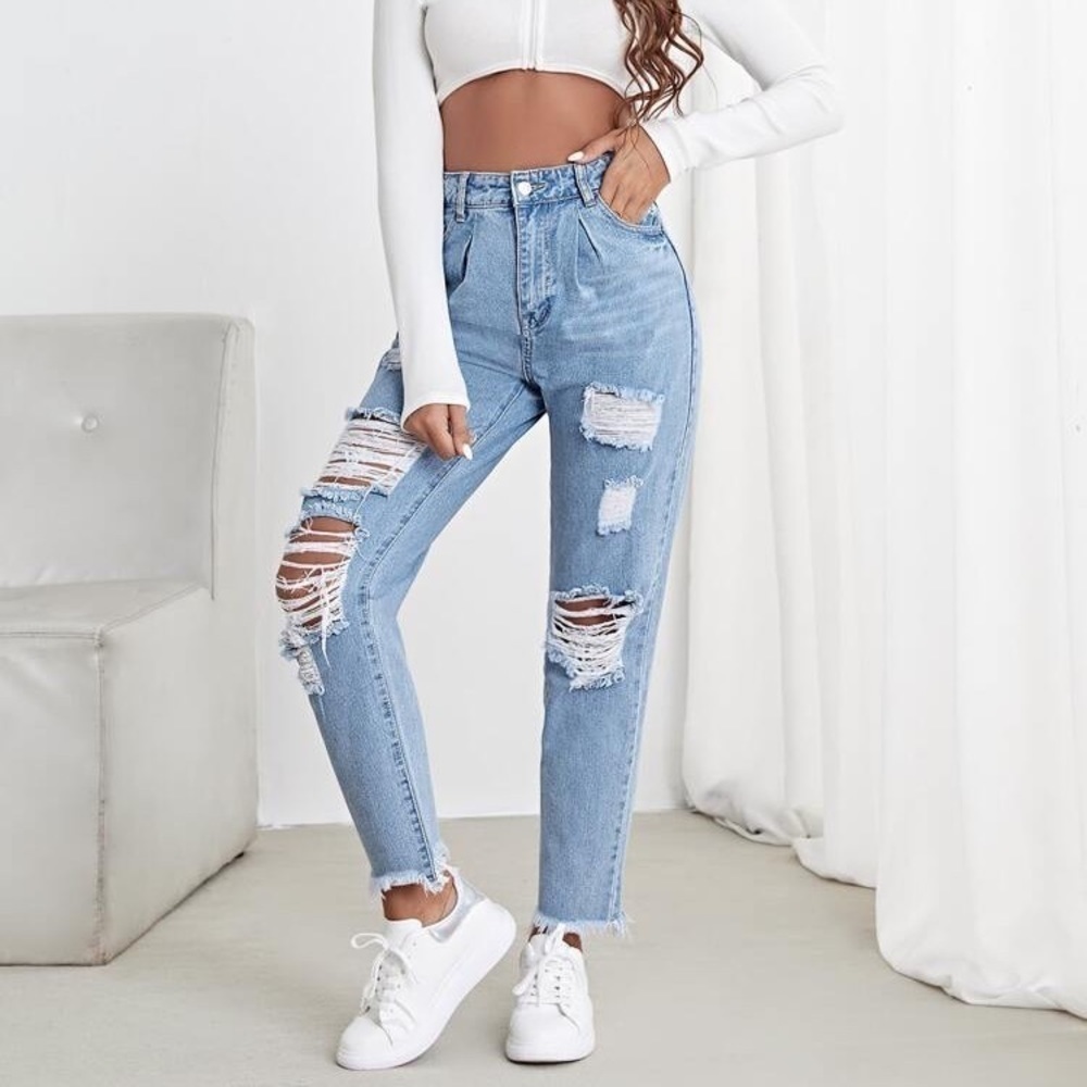SHEIN High Waisted Raw Hem Ripped Jeans   Size S
